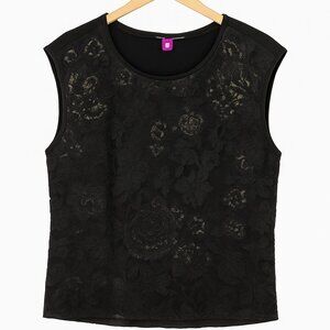 Vince Camuto Black Lace Sequin Top  M Knit Cap Sleeve Festive Cocktail